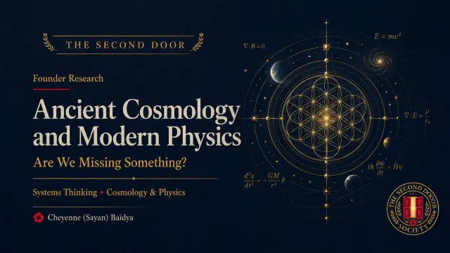 Ancient Cosmology and Modern Physics cover, with golden orbital geometry