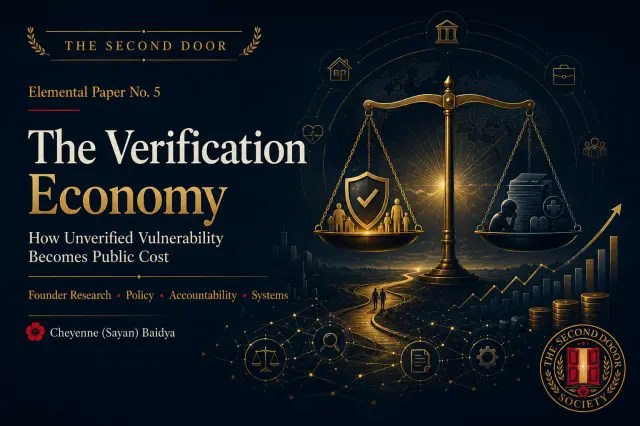The Verification Economy cover, with golden scales, a shield and records